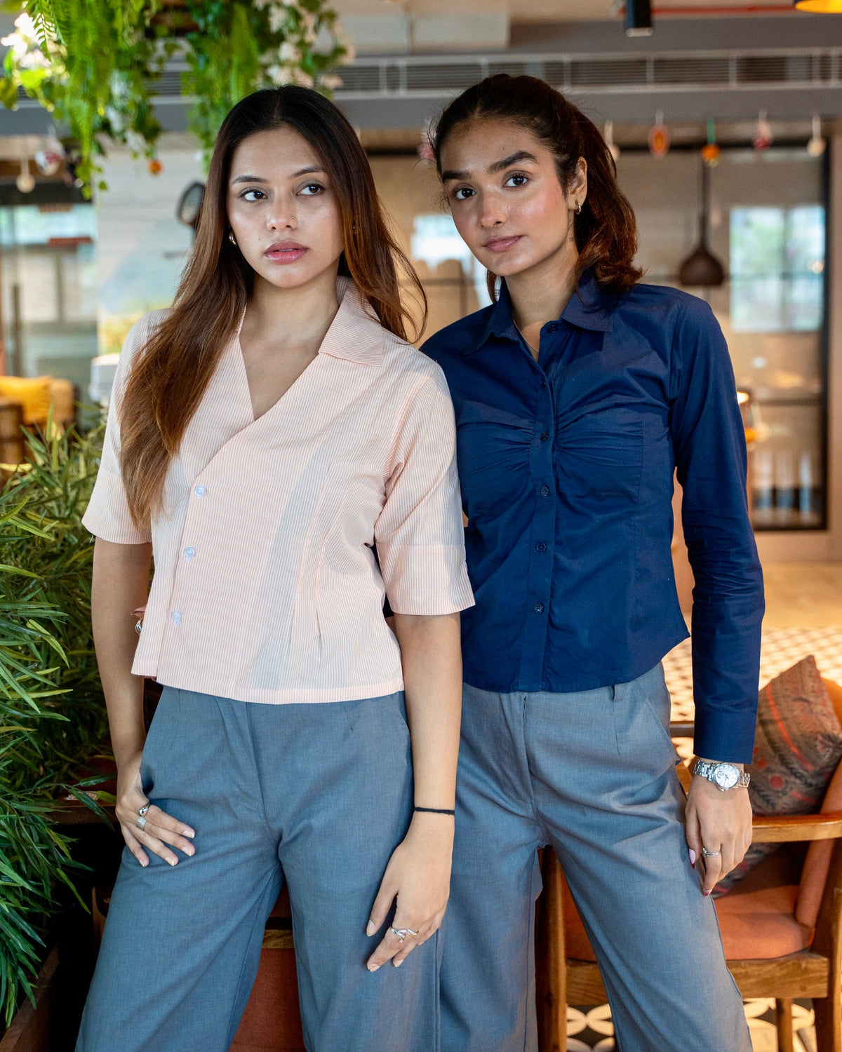 Peach Wrap Top and Navy Pleated Shirt