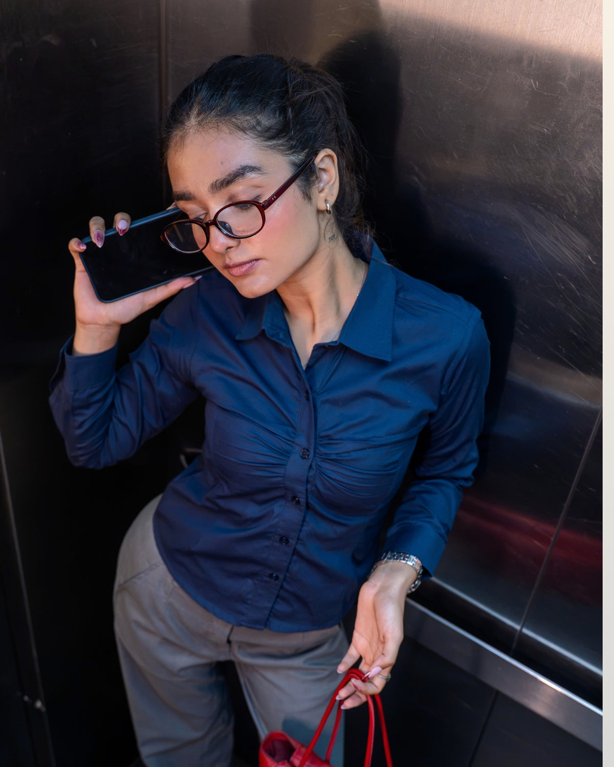 Navy Pleated Shirt