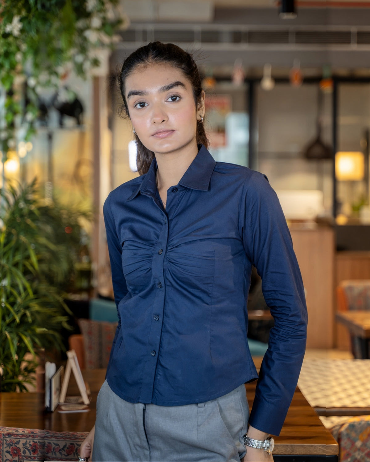Navy Pleated Shirt
