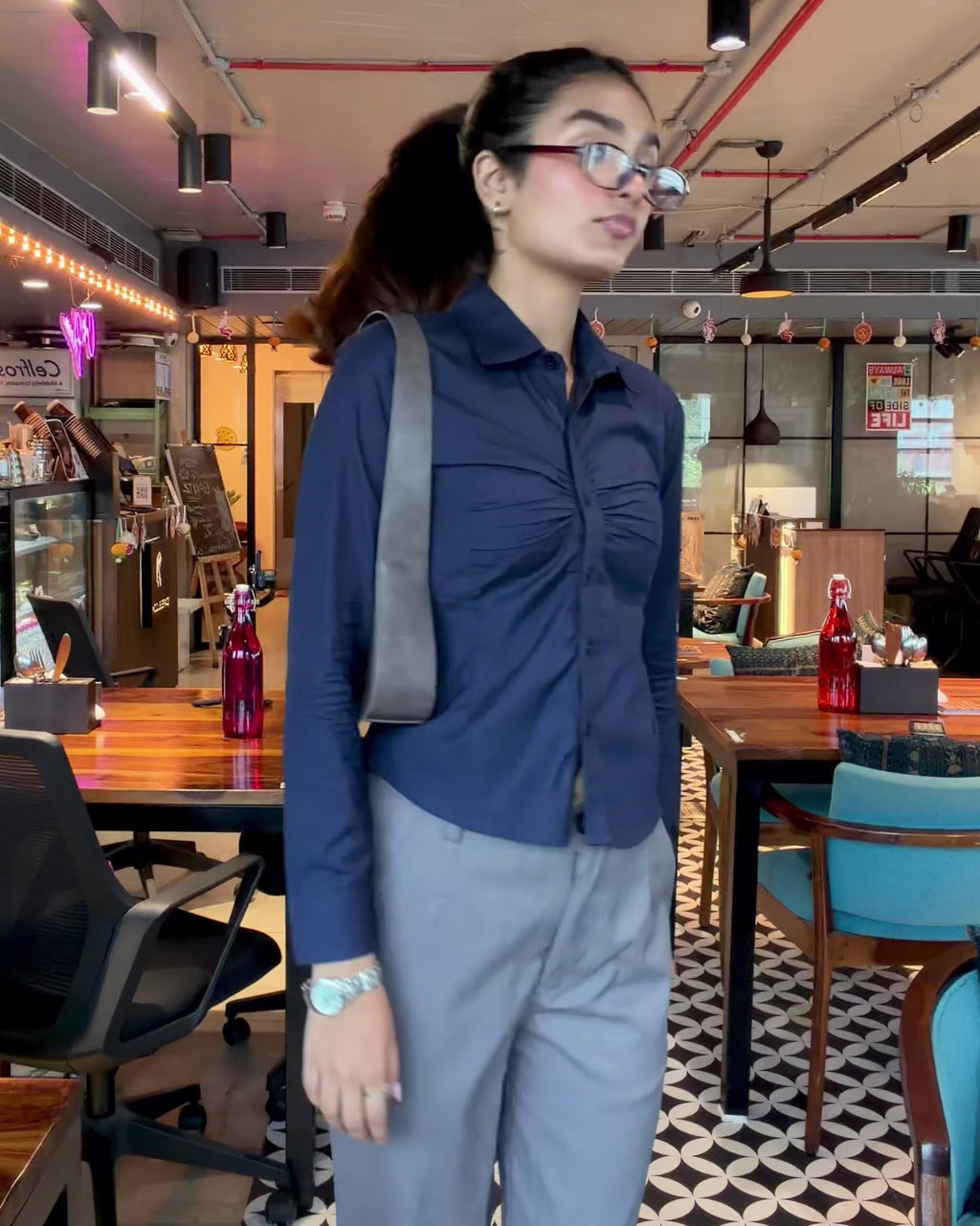 Navy Pleated Shirt