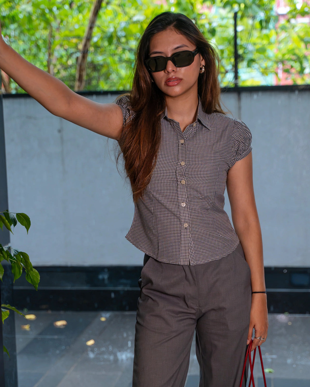 Black Gingham Top styled with Charcoal Trouser